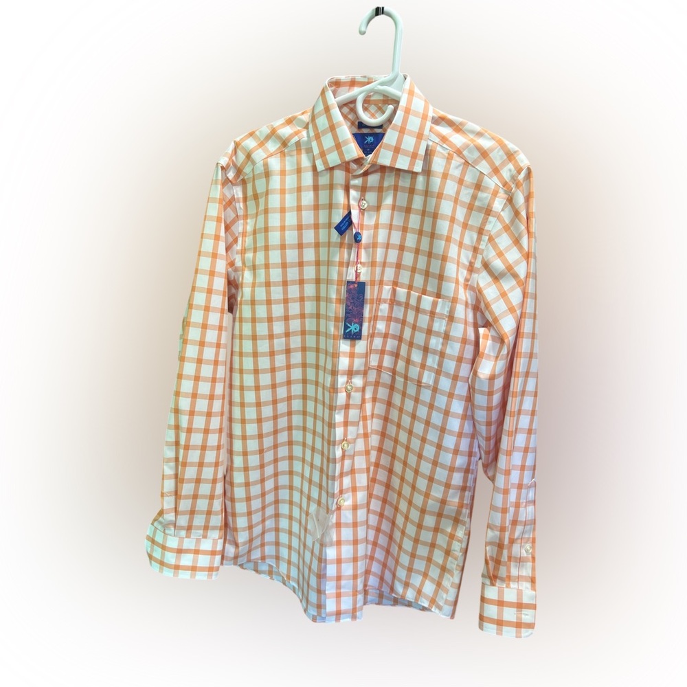 NWT~Egara non iron orange plaid men’s dress shirt. Medium 15-15.5